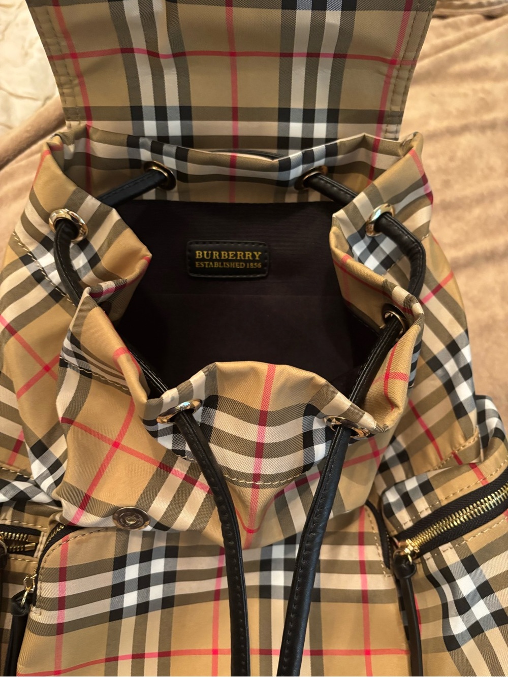 Tan Nova Check Drawstring Backpack with Black Trim - Picture 6 of 10